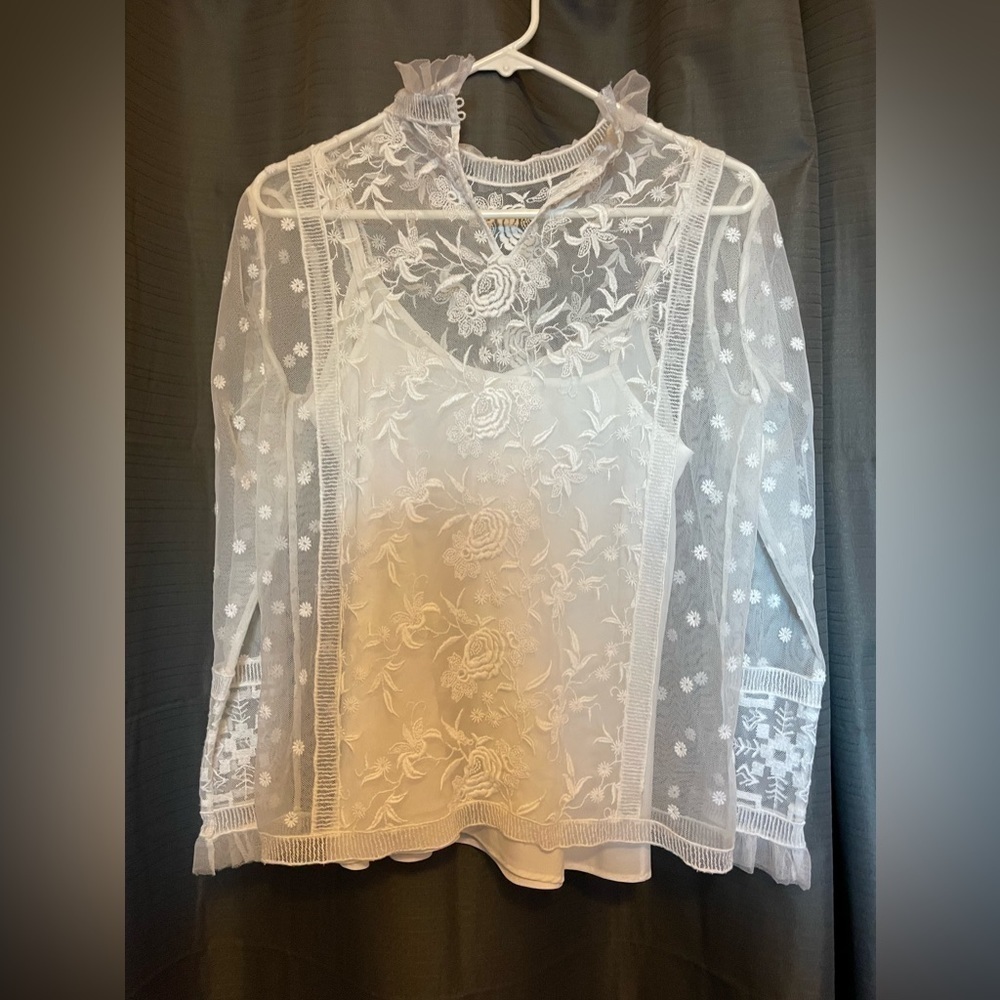 Joie Jaelin lace top; sheer with lace cami; long sleeve; cream - Picture 4 of 6